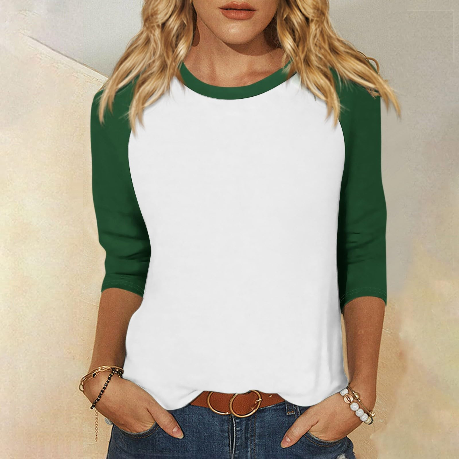 thumbnail image 2 of Camiseta informal de manga 3/4 y cuello redondo para mujer, versátil, de poliéster, tallas S-XXL, 2 of 5
